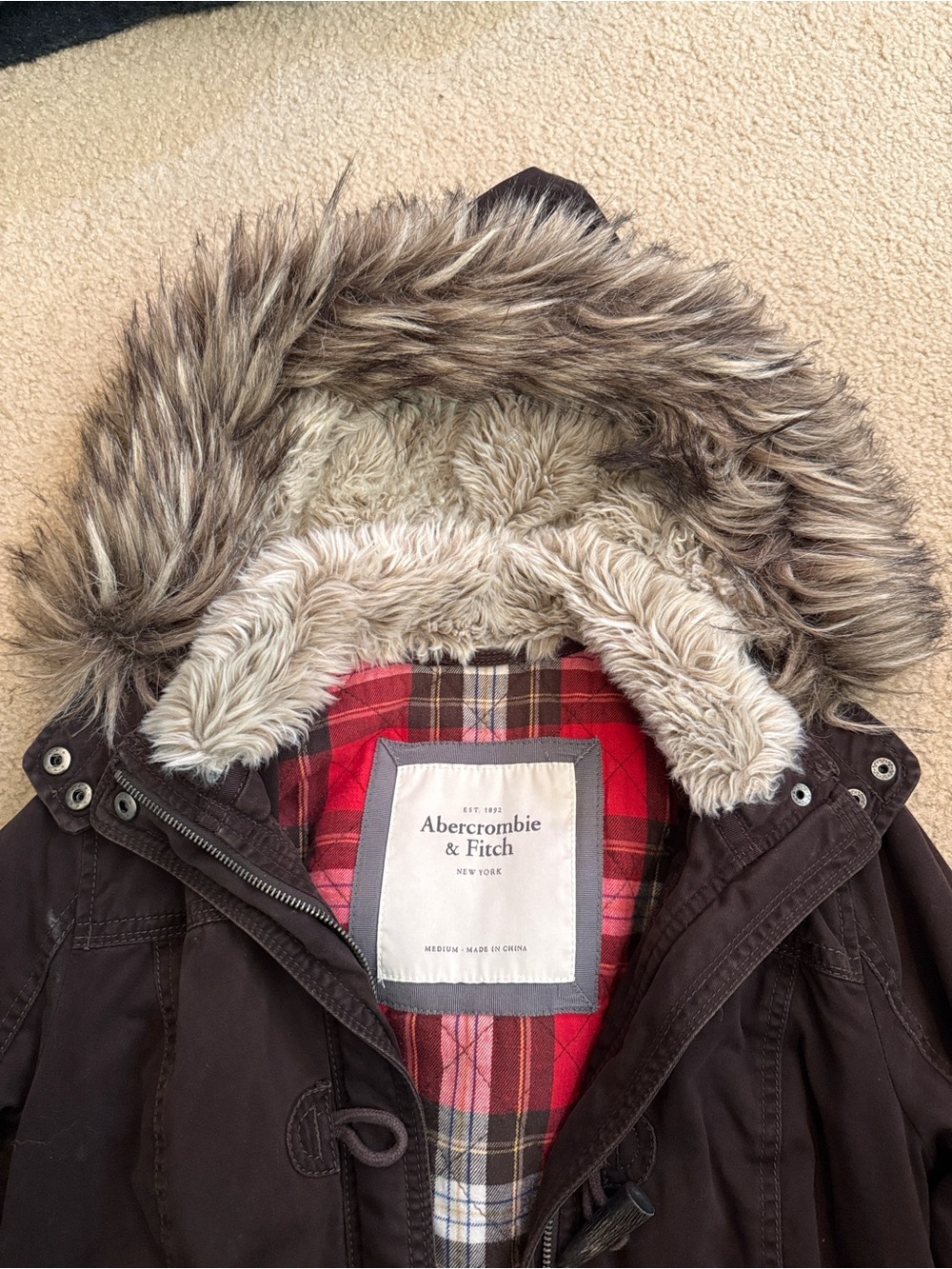 Abercrombie & Fitch Plaid fur Hooded Utility Jacket in Brown Size Medium - Picture 5 of 5